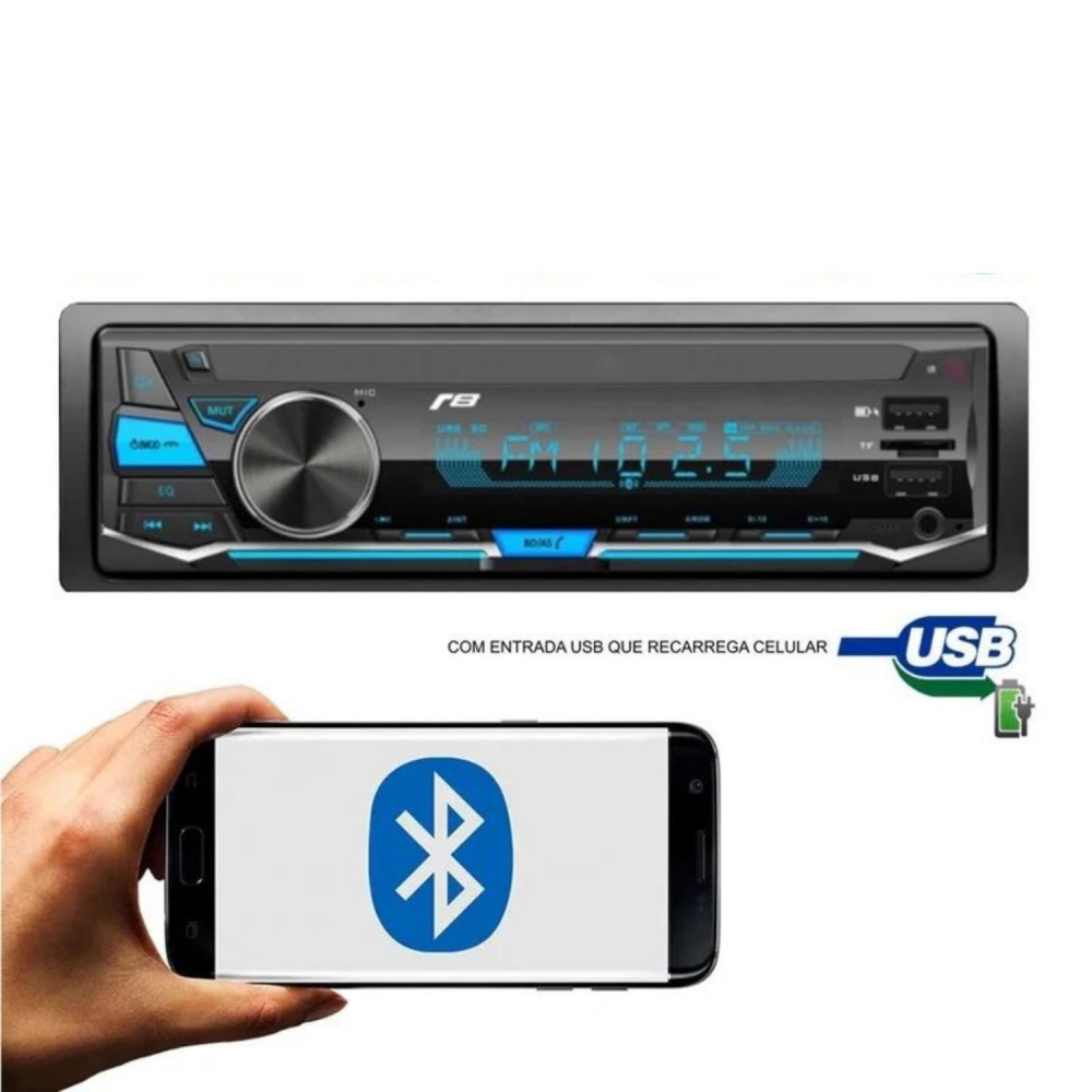 Rádio Automotivo MP3 R8 Bluetooth/USB/SD/AUX/FM/Controle remoto - 1010BT
